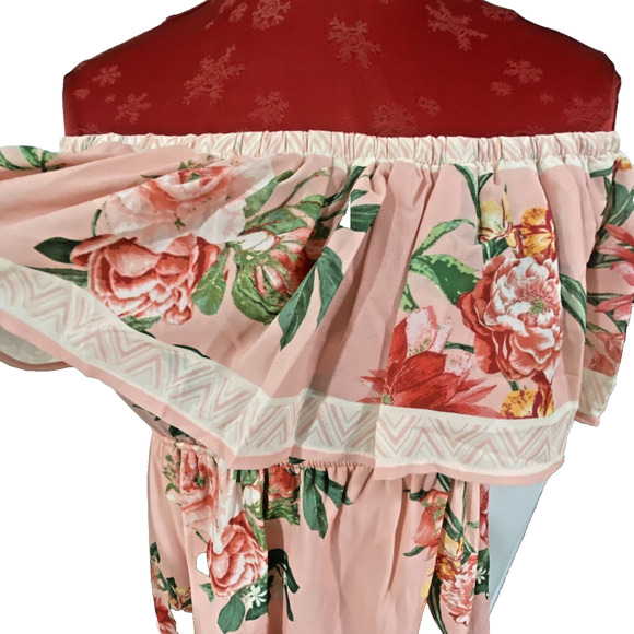 Lulus M Peachy Pink Off The Shoulder Peasant Style Sun Dress Floral Ruffles Lace - Picture 9 of 10